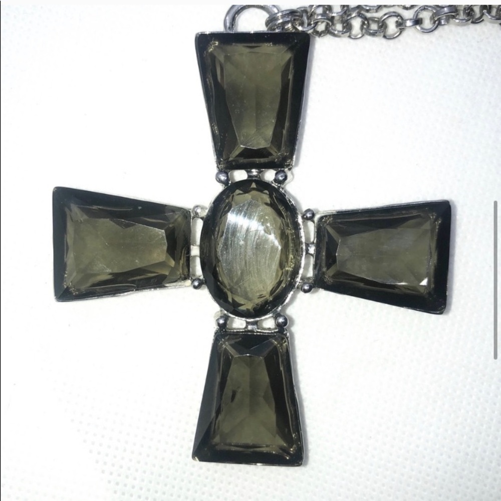 SOLD Gray Large Lucite Cross Statement Necklace - Picture 3 of 8